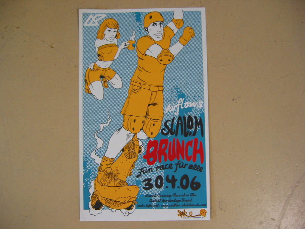 Chris Hart GmbH Siebdruck und Beschriftungen Zürich: Siebdruck -   Eventplakat für Airflow-Slalombrunch 4-farbig gelb/blau/rot/schwarz (artwork Lukas Speich)