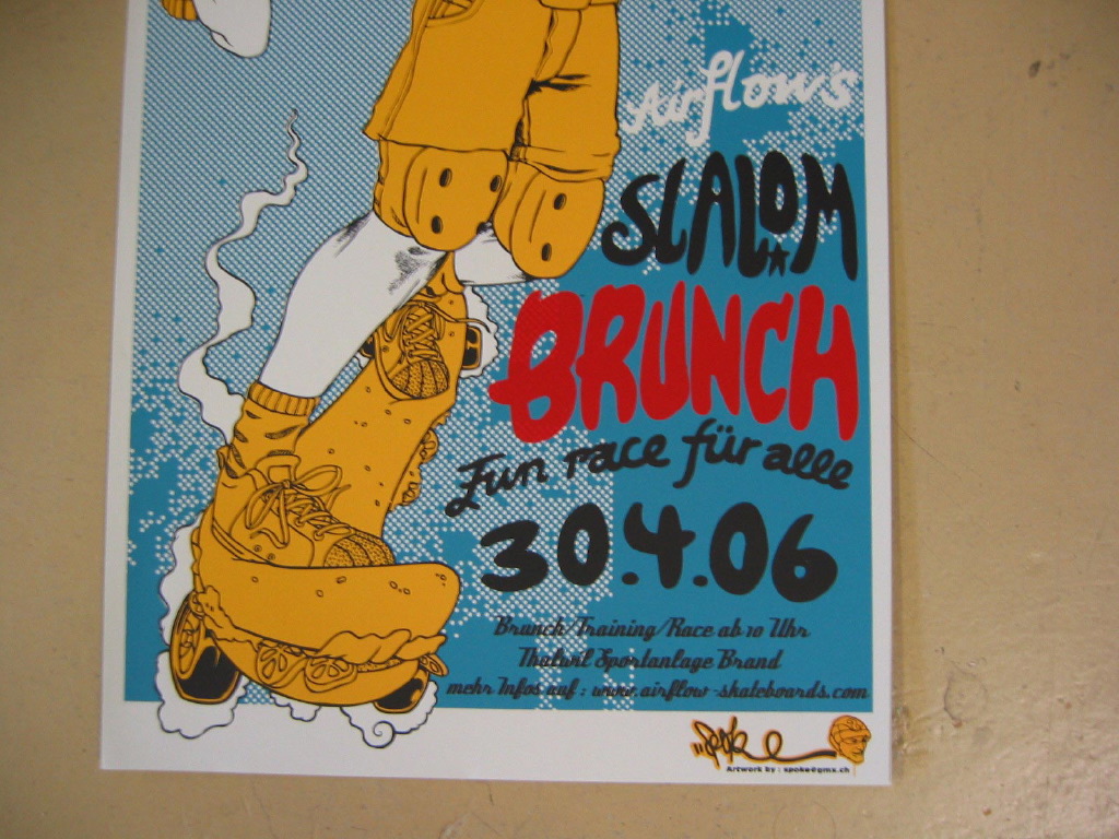 Chris Hart GmbH Siebdruck und Beschriftungen Zürich: Siebdruck -   Eventplakat für Airflow-Slalombrunch 4-farbig gelb/blau/rot/schwarz (artwork Lukas Speich)