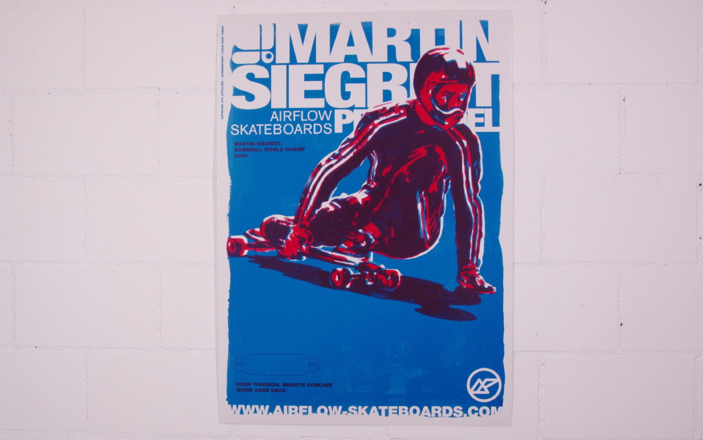 Chris Hart GmbH Siebdruck und Beschriftungen Zürich: Siebdruck -   Siegerplakat für Martin Siegrist als 3-facher downhill-skateboard-Welmeister 2-farbig magenta/cyan (violet ist Mischfarbe) mit 24 er Raster 50/70cm limtierte Auflage 80Stk.